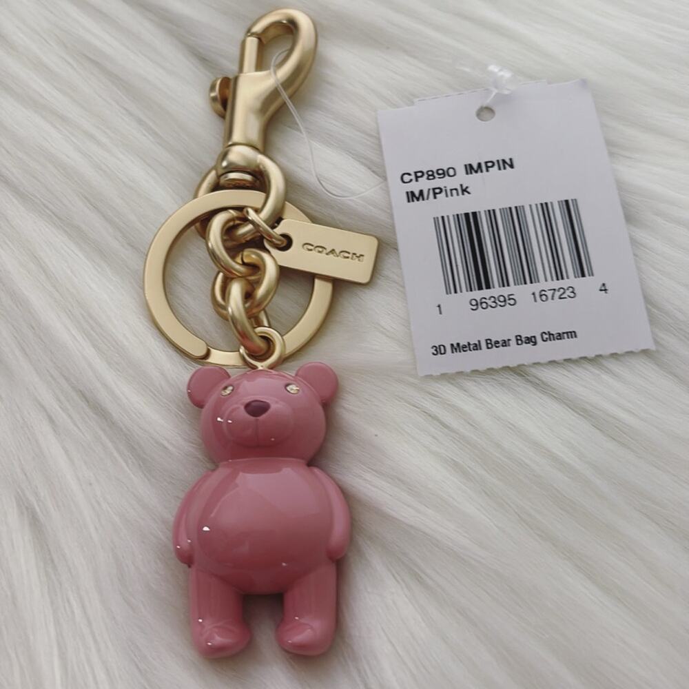 NWT Coach Bear Pink Love Sweet Teddy Key Charm Gold Keychain Limited - Picture 3 of 4